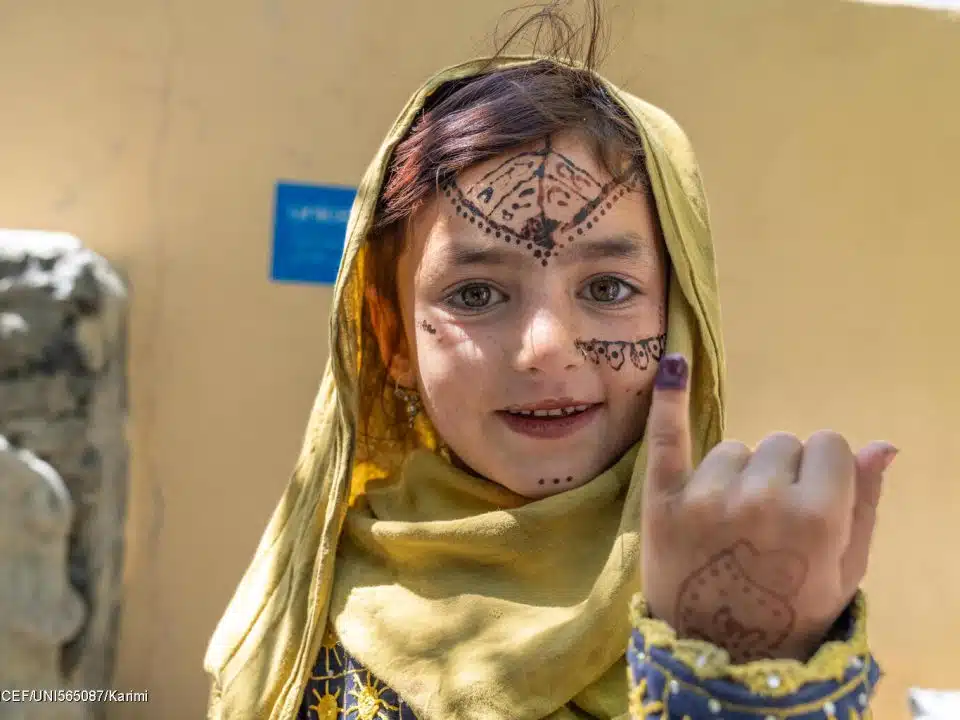 Une fillette de la province de Khost, dans le sud-est de l'Afghanistan, montre son doigt marqué après avoir été vaccinée contre la polio. © UNICEF/UNI565087/Karimi